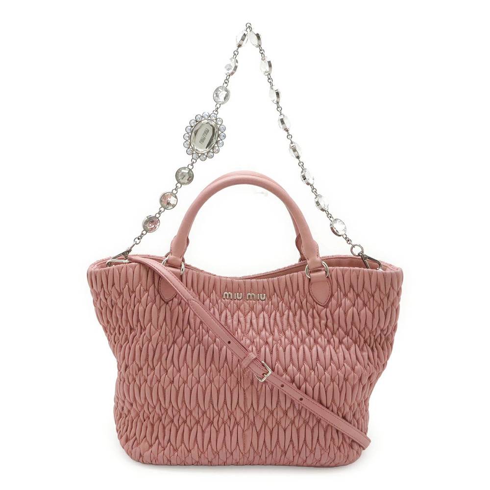 Miu Miu Matelasse Nappa Crystal Bijou Gathered 2way Shoulder Bag Leather Pink